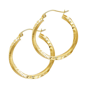 Small Twisted Satin Diamond-Cut Hinge Hoop Earrings - 14K Yellow Gold 2.6mm x 0.7 inch