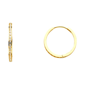 14K Yellow Gold Round Pave CZ Petite Hoop Earrings 2mm x 0.7 inch