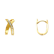 14K Yellow Gold 8mm Crossover Semi-Lined CZ Huggie Hoop Earrings