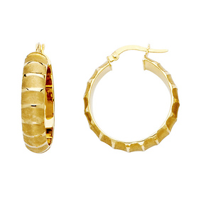 14K Yellow Gold Medium Rounded Sandblast Finish Hoop Earrings - 6.0mm x 0.9 inch