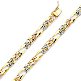 6mm Men's 14K Tricolor Gold Oval Nugget Figaro Chain Bracelet 7in