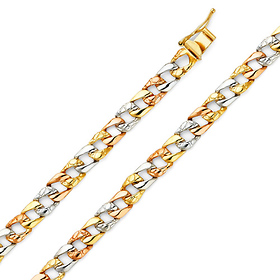 6mm Men's 14K TriGold Nugget Curb Cuban Link Bracelet 7in