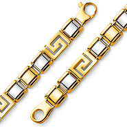 Men's 10mm 14K Two-Tone Gold Fancy Greek Key Square Link Bracelet 8in