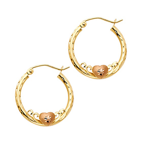 14K Yellow Gold Small Heart Diamond-Cut Hoop Earrings - 2mm x 0.7 inch