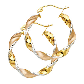 14K Tricolor Gold Medium Twisted Satin Polished Hoop Earrings - 4mm x 0.9 inch