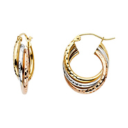 Small Stacked 14K Tricolor Gold Diamond-Cut Hoop Earrings