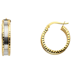 Faceted Wide Small Hoop Earrings - 14K Two-Tone Gold 6mm x 0.7 inch