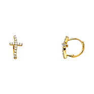 Wavy CZ Cross Huggie Earrings in 14K Yellow Gold