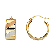 14K TriGold Small Polished & Satin Pattern Hoop Earrings - 7mm x 0.7
