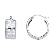 14K White Gold Small Basket Diamond-Cut Design Hoop Earrings - 7mm x 0.7