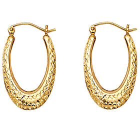 14K Yellow Gold Crescent Oval Diamond-Cut Hoop Earrings