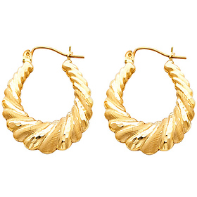 Medium 14K Yellow Gold Oval Ribbed Brushed Hoop Earrings