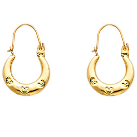 Small High Polished with Hearts Hoop Earrings - 14K Yellow Gold