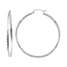 Large Slender Diamond-Cut Hoop Earrings - 14K White Gold 1.5mm x 1.7 inch