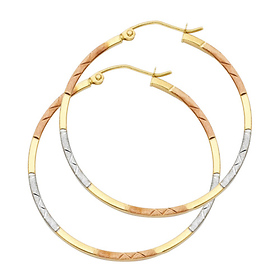 Medium Satin Diamond-Cut Hoop Earrings - 14K TriGold 1.5mm x 1.3 inch