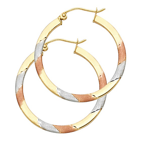 Medium Satin Smooth Hoop Earrings - 14K Tricolor Gold 2mm x 1.1 inch