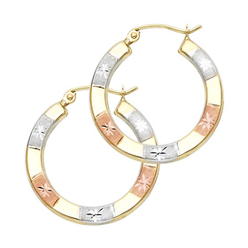 Small Satin Star Diamond-Cut Hoop Earrings - 14K TriGold 2mm x 0.9 inch