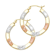 Small Satin Star Diamond-Cut Hoop Earrings - 14K TriGold 2mm x 0.9 inch