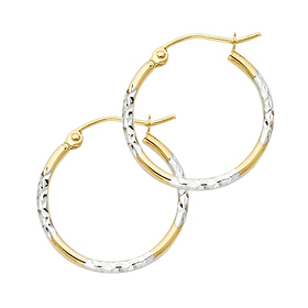 Medium Rounded Diamond-Cut Polished Hoop Earrings - 14K Two-Tone Gold 1.5mm x 0.7 inch