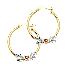 Small Polished Flower Hoop Earrings - 14K Yellow Gold 2.5mm x 0.9 inch