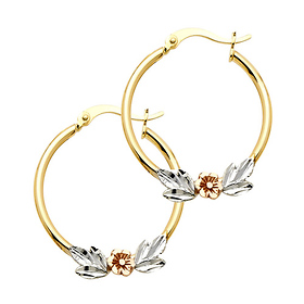 Small Polished Flower Hoop Earrings - 14K Yellow Gold 2.5mm x 0.9 inch