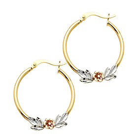 Small Polished Flower Hoop Earrings - 14K Yellow Gold 2.5mm x 0.7 inch