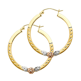 Medium Flower Hinge Hoop Earrings - 14K Yellow Gold 29mm or 1.1 inch