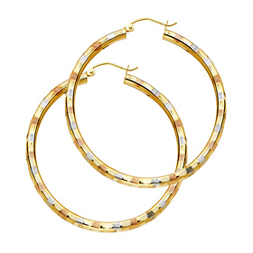 Large Fancy Diamond-Cut Hoop Earrings - 14K TriGold 3mm x 1.7 inch