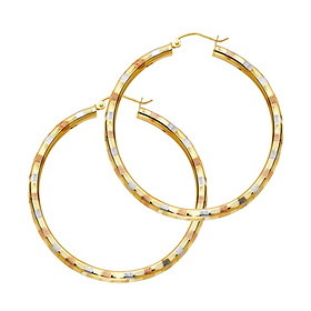 Medium Fancy Diamond-Cut Hoop Earrings - 14K Tricolor Gold 3mm x 1.3 inch