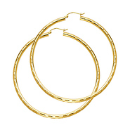 Large Fancy Diamond-Cut Hoop Earrings - 14K Yellow Gold 3mm x 2.1 inch