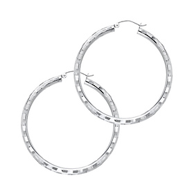 Medium Fancy Diamond-Cut Hoop Earrings - 14K White Gold 3mm x 1.3 inch