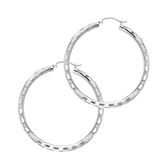 Medium Fancy Diamond-Cut Hoop Earrings - 14K White Gold 3mm x 1.3 inch