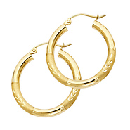 Medium High Polished & Satin Hoop Earrings - 14K Yellow Gold 3mm x 0.9 inch