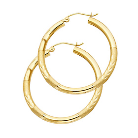 Medium High Polished & Satin Hoop Earrings - 14K Yellow Gold 3mm x 1.3 inch