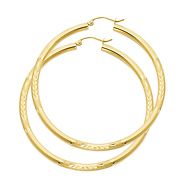 Large High Polished & Satin Hoop Earrings - 14K Yellow Gold 3mm x 2.1 inch