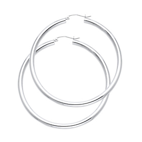 Large High Polished Thick Hoop Earrings - 14K White Gold 3mm x 1.7 inch