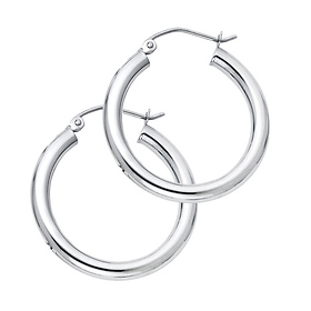 Medium High Polished Thick Hoop Earrings - 14K White Gold 3mm x 0.9 inch