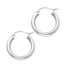 Small High Polished Thick Hoop Earrings - 14K White Gold 3mm x 0.7 inch