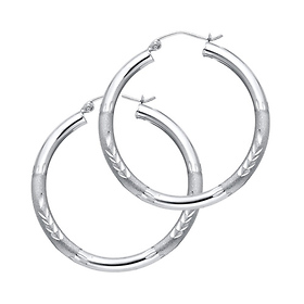 Medium High Polished & Satin Hoop Earrings - 14K White Gold 3mm x 1.1 inch