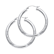 Medium High Polished & Satin Hoop Earrings - 14K White Gold 3mm x 1.1 inch