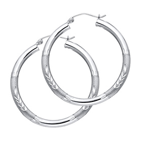 Medium High Polished & Satin Hoop Earrings - 14K White Gold 3mm x 1.3 inch