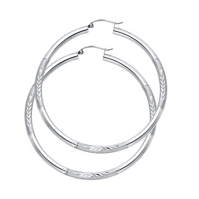 Large High Polished & Satin Hoop Earrings - 14K White Gold 3mm x 1.8 inch