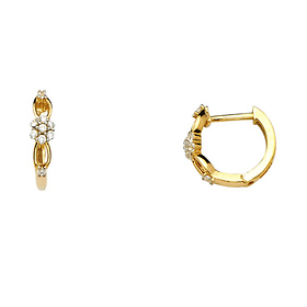 Flower & Open Design CZ Huggie Hoop Earrings - 14K Yellow Gold