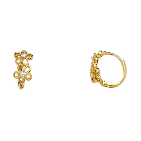 Open Design Flower CZ Huggie Hoop Earrings - 14K Yellow Gold