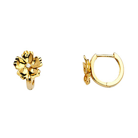 Slender Faceted Flower CZ Huggie Hoop Earrings - 14K Yellow Gold