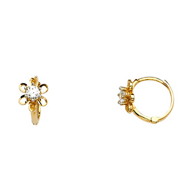 Flower Design Cubic Zirconia Huggie Hoop Earrings - 14K Yellow Gold