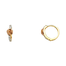 Rose Design Cubic Zirconia Huggie Hoop Earrings - 14K Two-Tone Gold