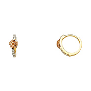 Rose Design Cubic Zirconia Huggie Hoop Earrings - 14K Two-Tone Gold