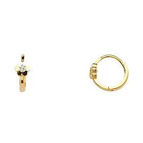 High Polished Flower CZ Huggie Hoop Earrings - 14K Yellow Gold