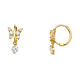 Butterfly Cubic Zirconia Dangle Huggie Hoop Earrings - 14K Yellow Gold